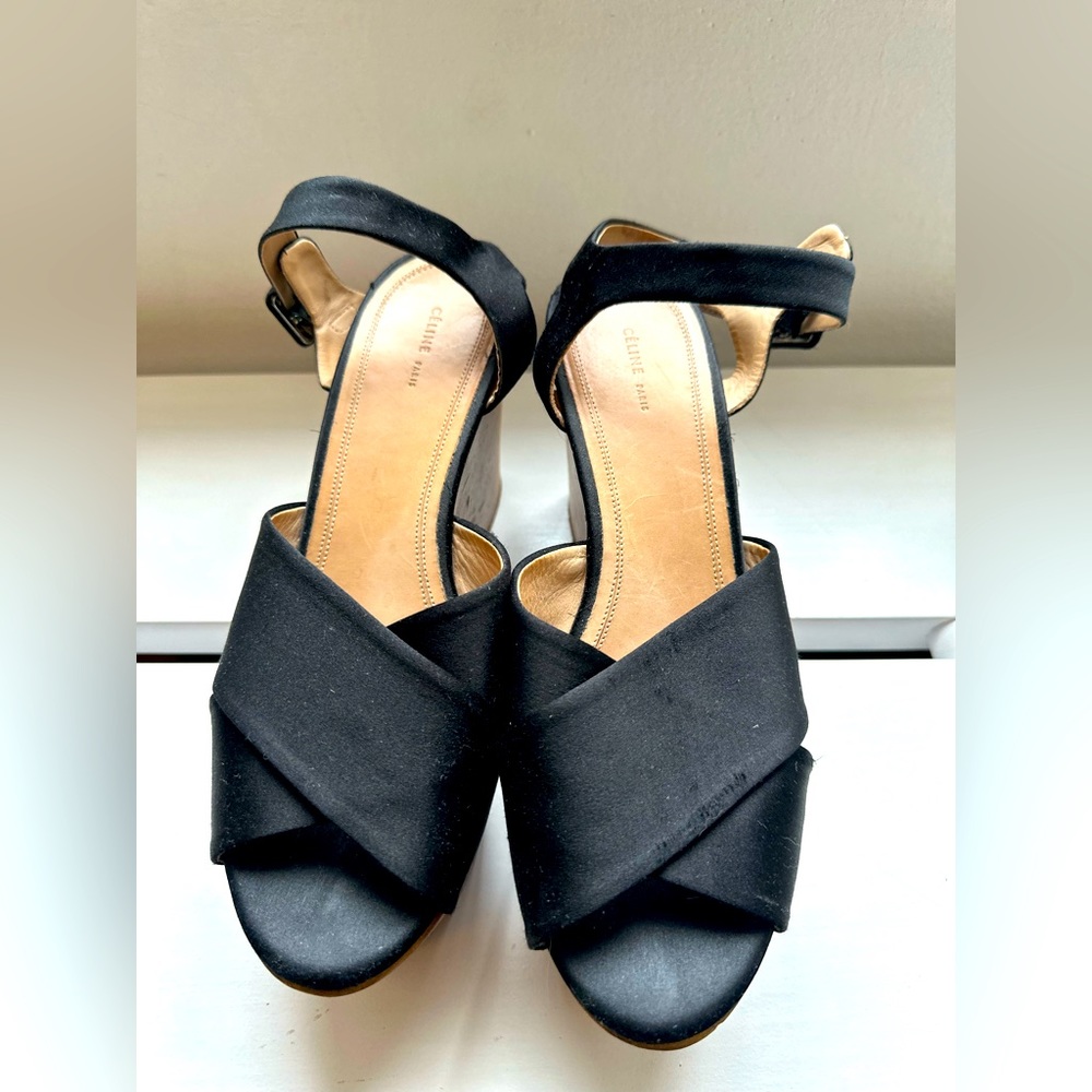 Celine size 8 wood & satin platform sandals